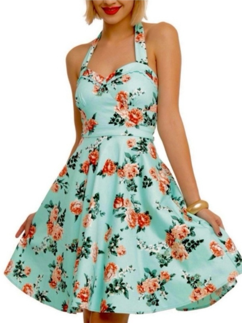 Hot Topic Sz XS Mint Floral Halter Dress Cotton Tulle Pin Up Rockabilly Party